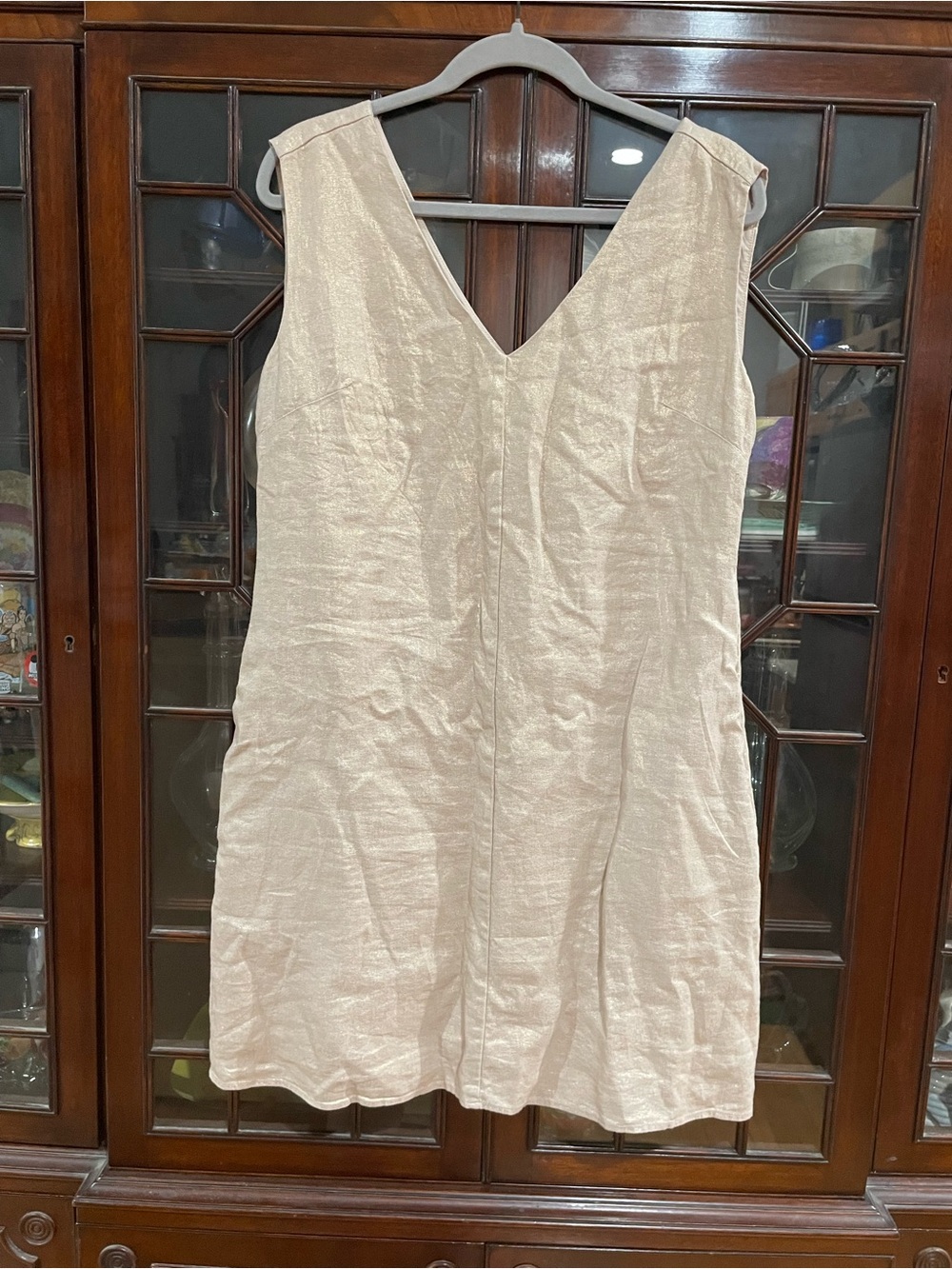 Nicole Miller Gold and Tan V-Neck Midi Lined Slip Dress with Pockets